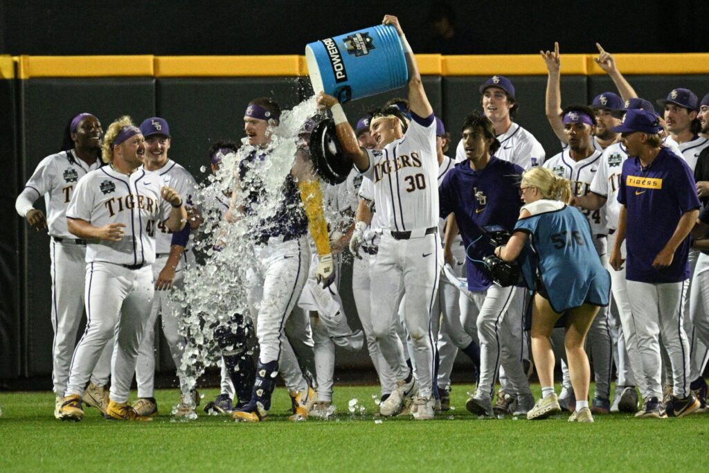 LSU celebrates a walk off against Arkansas in the 2025 College World Series
