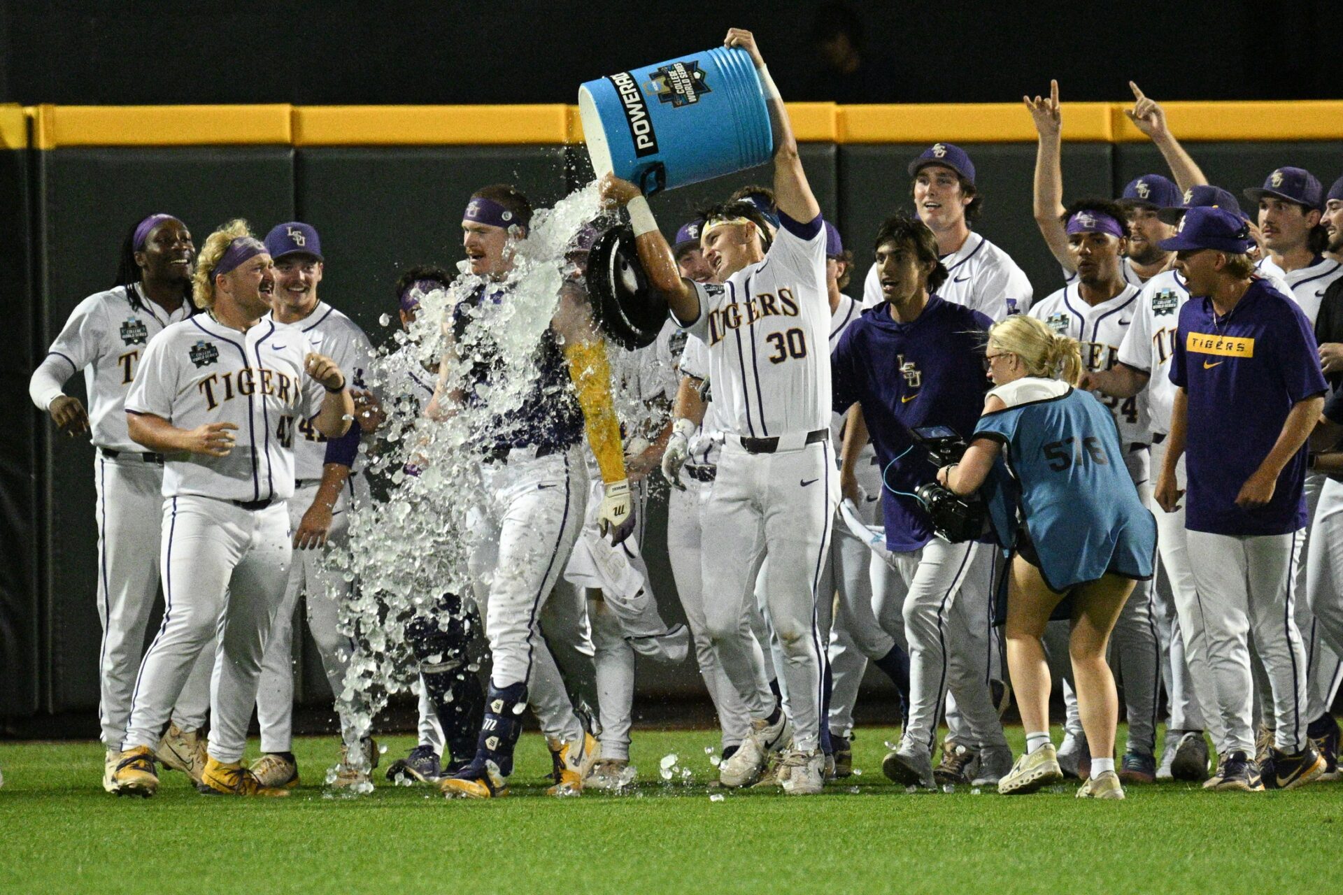 LSU celebrates a walk off against Arkansas in the 2025 College World Series