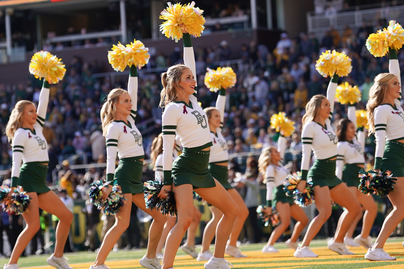 - Nov 30, 2024; Waco, Texas, USA; Baylor cheerleaders perform during the second half against the Kansas Jayhawks at McLane Stadium. Mandatory Credit: Chris Jones-Imagn 