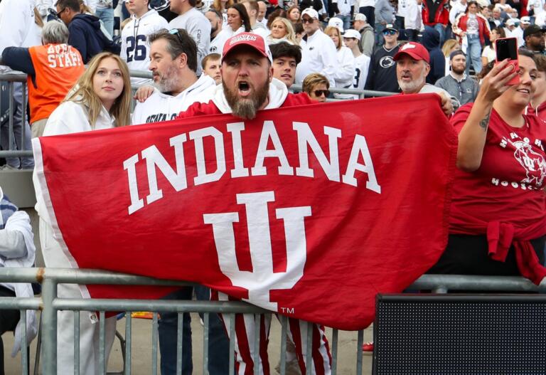 - Nov 8, 2025; University Park, Pennsylvania, USA; An Indiana Hoosier fan celebrates following the game against the Penn State Nittany Lions at Beaver Stadium. Mandatory Credit: Matthew O'Haren-Imagn Images 