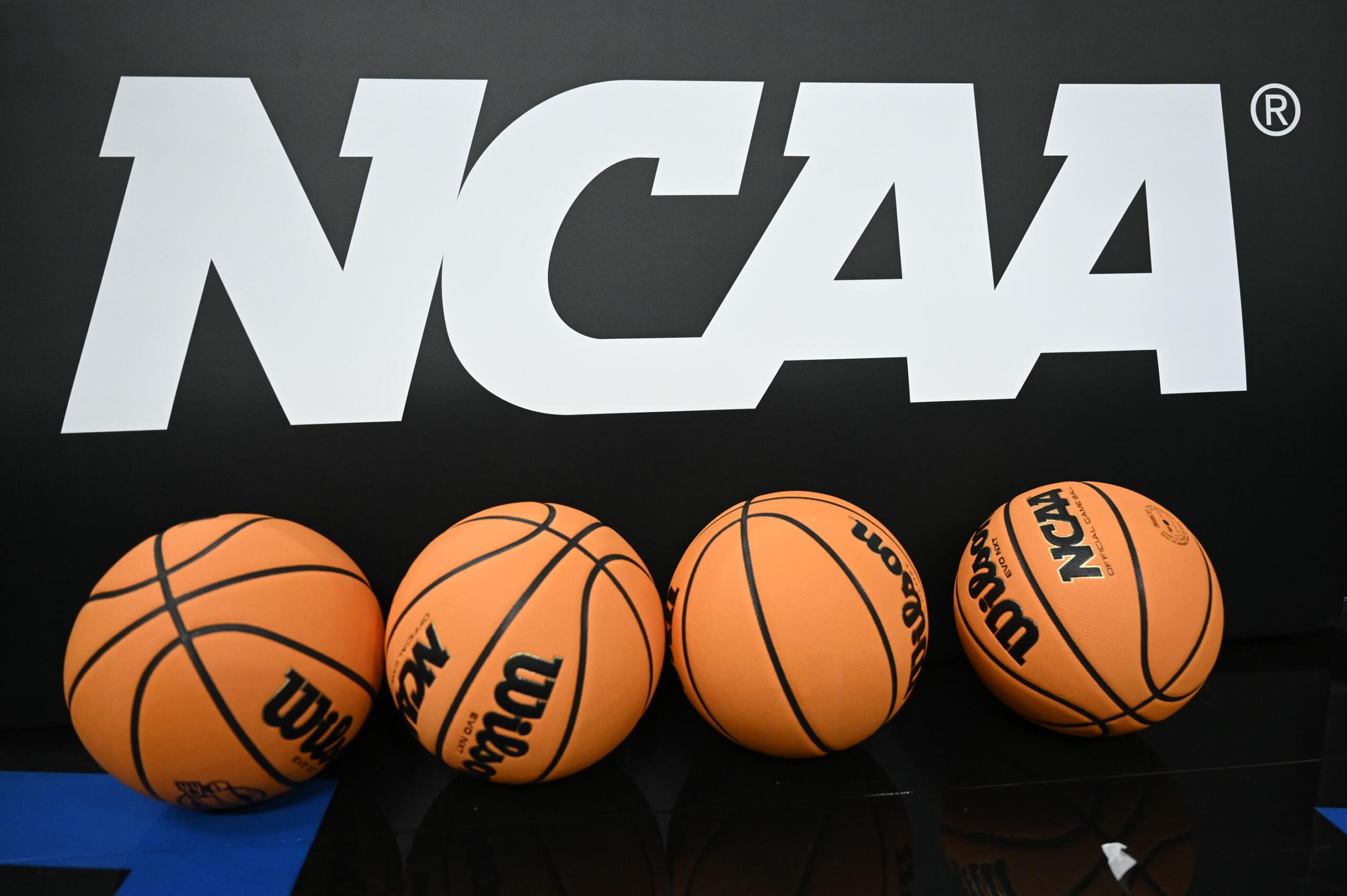 - Mar 26, 2025; San Francisco, CA, USA; Detail view of the logo and basketballs during NCAA Tournament West Regional Practice at Chase Center. Mandatory Credit: Eakin Howard-Imagn Images 
