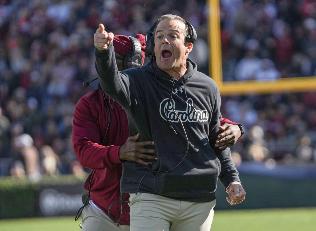 South Carolina Head Coach Shane Beamer Disputes a Pass Interference Call in the Game with Clemson During the Second Quarter at - Easysportz -