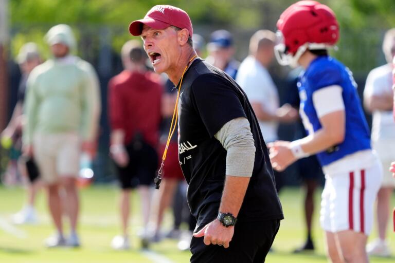 Oklahoma Coach Brent Venables Shouts During a Sooners Football Spring Practice in Norman Okla Thursday April 9 2026 - Easysportz -