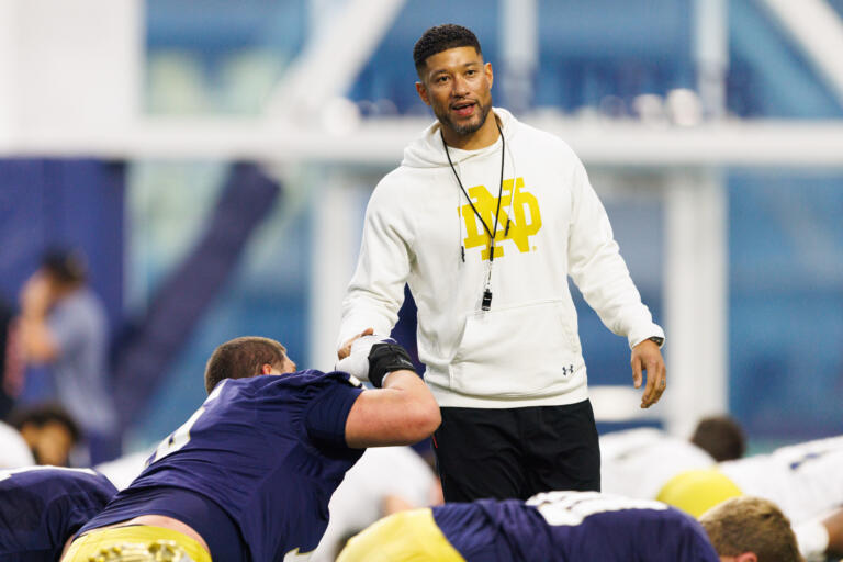 Head Coach Marcus Freeman Greets His Players During a Notre Dame Football Practice at Irish Athletic Center on Friday March 20 - Easysportz -